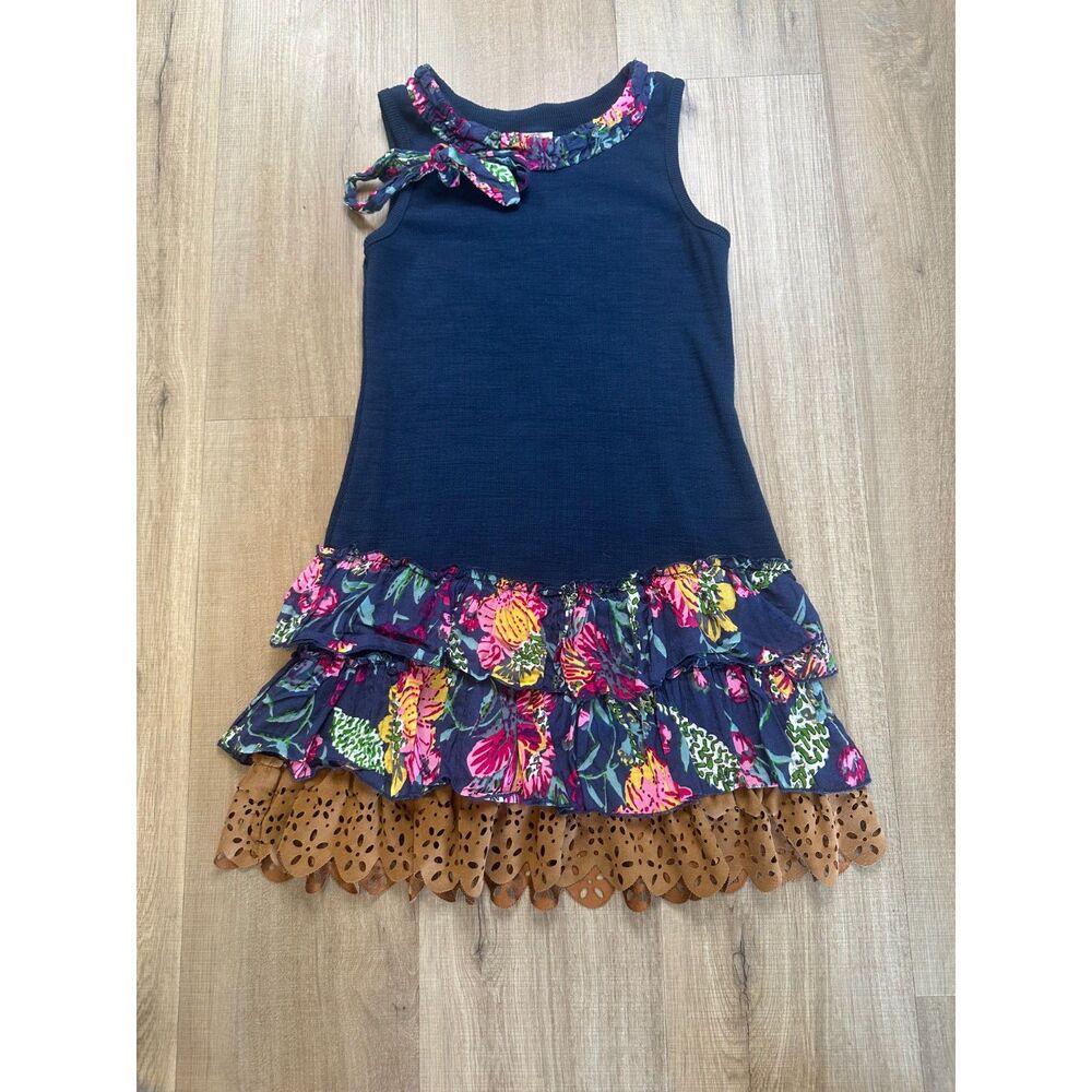 Monnalisa Bebe Italy Girl's Blue Casual Dress Size 14 Floral and Faux Suede Tan